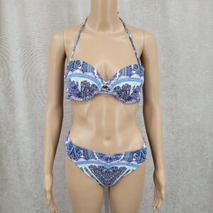 Victoria's Secret The Bandeau Beach Top Knockout Bikini Bottoms Set Blue Paisley